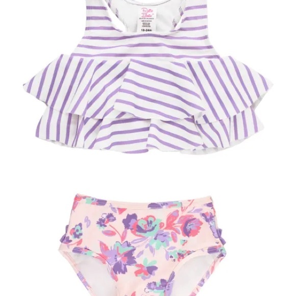 Ruffle Butts Striped and Floral Kids Bikini - Purple and White Size 18-24 Months - Picture 2 of 8